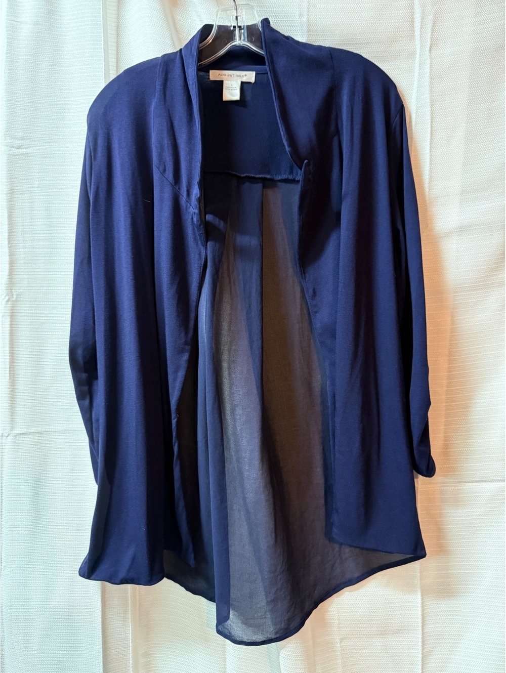 August Silk Navy Blue Sheer Back Open Front Cardigan Large